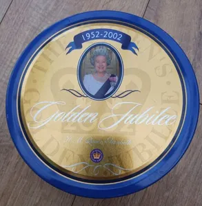 Queens Golden Jubilee Biscuit Tin Queen Elizabeth with biscuits 1952-2002