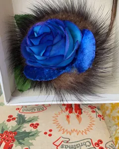 Vintage Mink Corsage Blue Rose In Original Christmas Box 1960s VGC