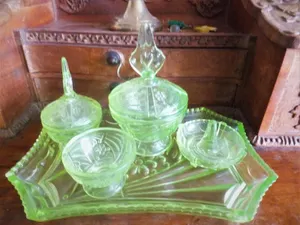 Art Deco Rare Sowerby 2590 Uranium  Vaseline Glass Dressing Table Set 5 Pieces