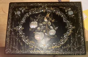 Victorian Calligraphy Set Black Lacquered Slope With Mother Of Pearl Inlay