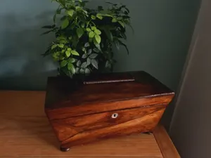 Antiq Tea Caddy Jwellary Trinket Box Rosewood Mother of Perl Trim Recency c1830