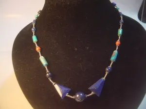 SUPERB VINTAGE SOLID SILVER LAPIS LAZULI-CORAL & TURQUOISE NAVAJO NECKLACE-18"