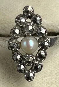Antique 800 Hallmarked Silver Ring set with Natural Pearl & Marcasite  Size N
