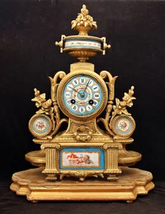 ANTIQUE FRENCH ORMOLU MANTEL CLOCK, PAINTED PORCELAIN, CHERUB, WORKS, 15.5" H