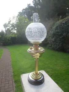 Antique Brass British Make Oil Lamp burner & Vintage Acid Etched Round Shade