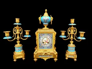 Antique Clock French Signed Japy Freres Garniture Set Bell Strike Ormolu Bronze