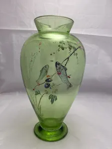 Antique Rare Moser Art Nouveau Bohemian Applied Fish Glass Vase Enamelled