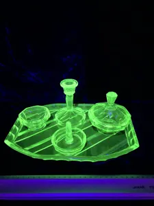 Art Deco Uranium Glass 5 Piece Dressing Table Set Vintage Used