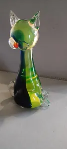 Murano Uranium Glass Cat Figurine 18cm Tall Blue Green Yellow - Minor Ear Chip