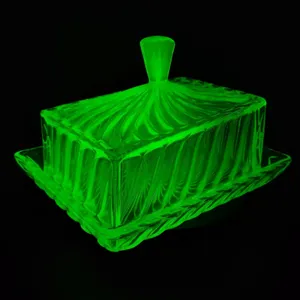 Vintage 1930s Bagley Carnival Green Uranium Glass Butter / Cheese Dish Glows UV