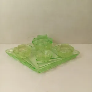 Uranium Glass Art Deco Vanity Tray Set & Pots UK Vintage Used