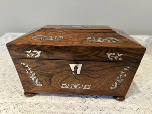 Antique Mahogany Sarcophagus Tea Caddy MOP Inlay w/ Key 19th/20th Century