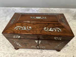 Antique Mahogany Sarcophagus Tea Caddy MOP Inlay w/ Key 19th/20th Century