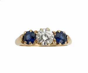 Antique Old cut Natural Diamond & Sapphire Trilogy Ring 18ct Yellow Gold 0.9ct