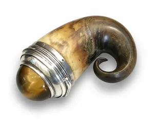 Antique Scottish Rams Horn Snuff Mull Silver Tigers Eye Cabochon