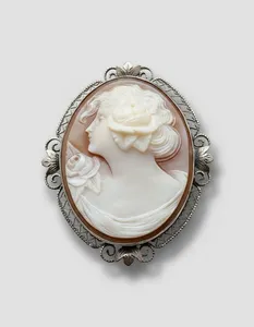 Antique Edwardian 14k White Gold High Relief Shell Cameo Brooch Pendant