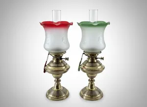 Vintage Messenger Brass Oil Lamps Pair w/ Harrods Burner & Tulip Shades 21"