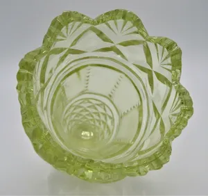 Antique Vaseline Pearline Glass Vase Cut Detail Lime Green Top Ground Base Used