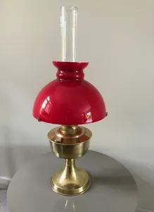 Aladdin 23 Brass Oil Lamp with Red Shade & Glass Funnel - Used