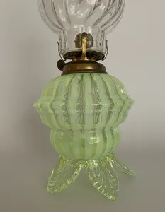 Antique Miniature Vaseline Uranium Glass Wrythen Oil Lamp & Funnel