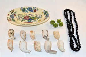 17pc Antique Victorian Mudlarking Curio Finds Collection Soap Dish Marbles Pipes