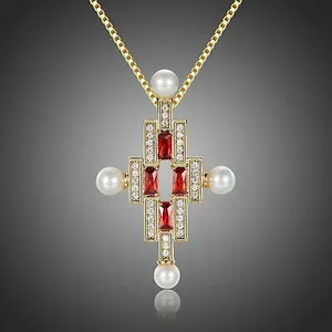 60th Birthday Gift For Mum RED CUBIC ZIRCONIA CROSS PEARL NECKLACE KHAISTA