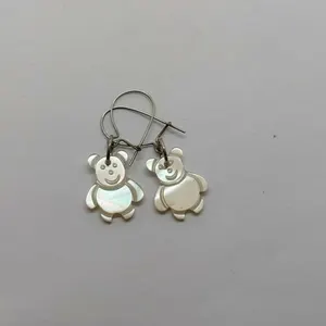 Sterling silver 925 earrings Bz224 hooks dangle mother of pearl bear teddy.